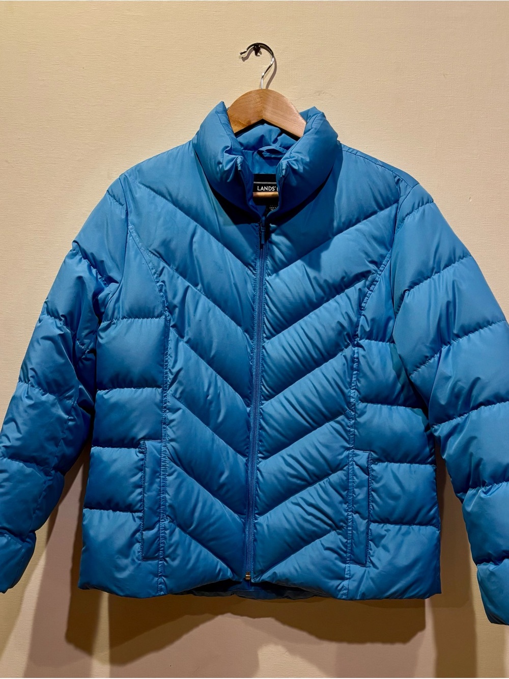 Lands' End Bright Blue Chevron-Quilt Puffer Jacket S/P (10-12)